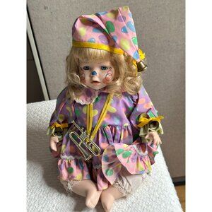 CRH International Porcelain Clown Doll Dressed Polka Dot Trumpet Bells Posable